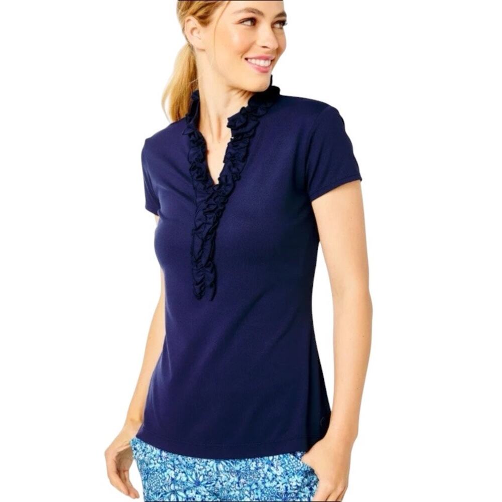 Lilly Pulitzer Luxletic Frida Ruffle Polo Top Shirt in Navy Blue Size Small